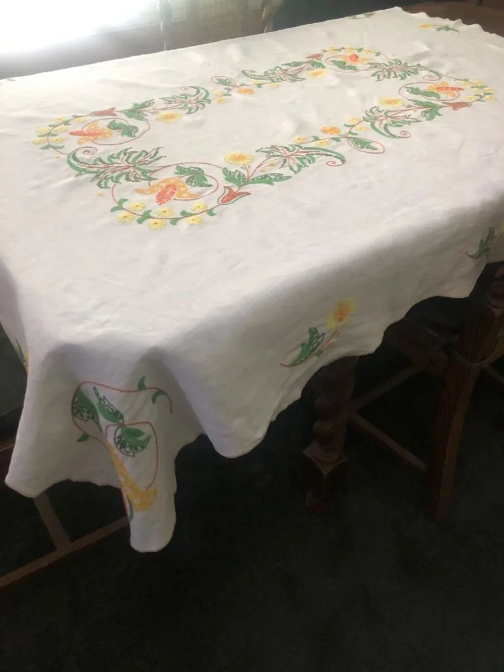 Vintage Linen Tablecloth White Hand Embroidered Green Yellow Floral Oblong 48x6